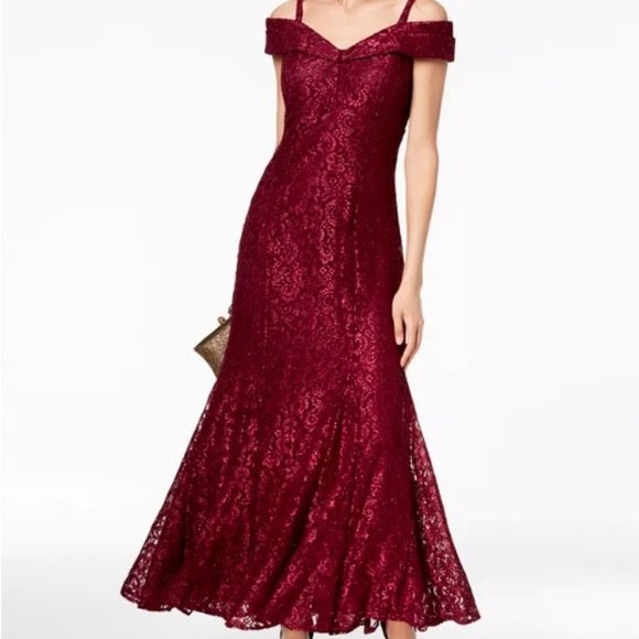 R & M Richards Off-the-Shoulder Lace Gown - Merlot - Picture 1 of 2